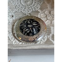 Image 3 of Memory Keepsake: Vintage Silvertone Photo Locket Original Black &amp; White Floral Design