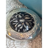 Image 6 of Memory Keepsake: Vintage Silvertone Photo Locket Original Black &amp; White Floral Design