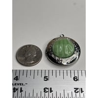 Image 1 of Vintage Mint Green Oval Locket — Striped Baroque Glass Stone in Silver Tone Floral Frame-feab3c50