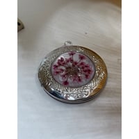 Image 1 of Queen Anne's Lace Photo Locket | Pink Dried Flowers | Silver Circle | 25mm