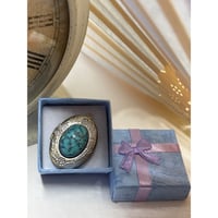 Image 1 of Silver & Bronze Oval Photo Locket | Turquoise-Inspired Gemstone | 18x25mm