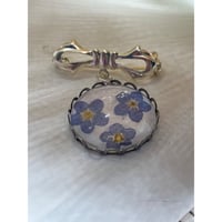 Image 2 of Bridal Bouquet Charm: Forget-Me-Not Flowers on Pearlescent Background | Silver Bowknot Brooch