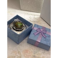 Image 1 of Upcycled Silver Locket | Vintage Earring | Green Glass Stone & Intricate Detailing | Signed Ri