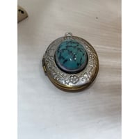 Image 2 of Silver & Bronze Oval Photo Locket | Turquoise-Inspired Gemstone | 18x25mm