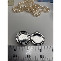 Image 3 of Vintage Mint Green Oval Locket — Striped Baroque Glass Stone in Silver Tone Floral Frame-feab3c50