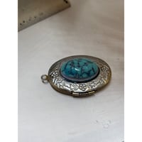 Image 3 of Silver & Bronze Oval Photo Locket | Turquoise-Inspired Gemstone | 18x25mm