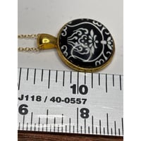 Image 3 of Black &amp; White Ornamental Floral Pendant Necklace, Gold Chain 18 | Art Deco, Folk