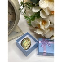 Image 4 of Antique Gold Oval Locket | Iridescent Opal-Like Center &amp; Floral Design