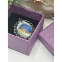 Image 3 of Handcrafted Bluebird Oval Pendant | Made from Vintage Stamp | Upcycled | 18x25