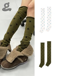 Image 5 of Olive Brown Paw-Print Stirrup Slouchy Wool Leg Warmers