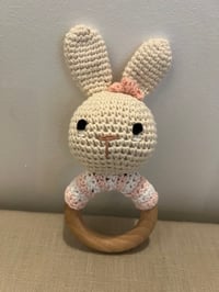 Image 1 of Handcrafted Crochet Bunny Rattle Wooden Teether