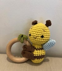 Image 1 of Yellow Bee Baby Rattle Wooden Teether