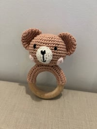 Image 1 of Handcrafted Crochet Brown Bear Rattle Wooden Teether