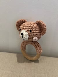 Image 2 of Handcrafted Crochet Brown Bear Rattle Wooden Teether