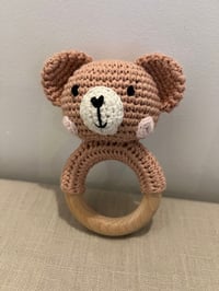 Image 3 of Handcrafted Crochet Brown Bear Rattle Wooden Teether
