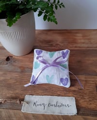 Image 1 of Ring Cushion - Handmade Purple and Green Heart Ring Cushion in vintage linen