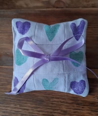 Image 2 of Ring Cushion - Handmade Purple and Green Heart Ring Cushion in vintage linen