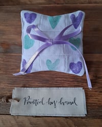 Image 3 of Ring Cushion - Handmade Purple and Green Heart Ring Cushion in vintage linen
