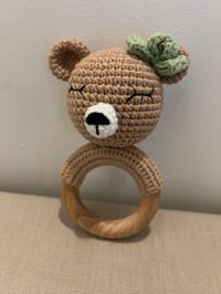 Image 2 of Handcrafted Crochet Brown Bear with green bow Rattle Wooden Teether