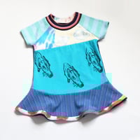Image 3 of  greyhound hand stamped turquoise teal blues 2T short sleeve twirly dress courtneycourtney  