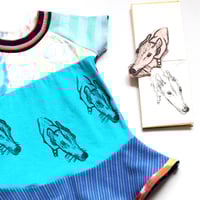 Image 5 of  greyhound hand stamped turquoise teal blues 2T short sleeve twirly dress courtneycourtney  