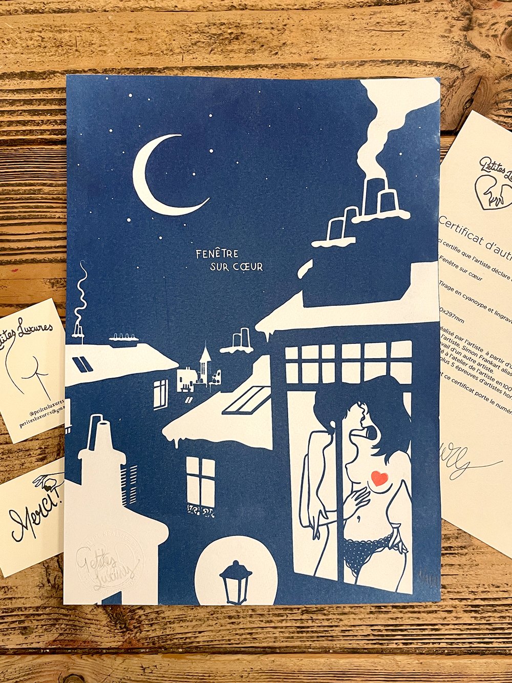 Image of "Fenêtre sur cœur" handmade cyanotype & linocut art print