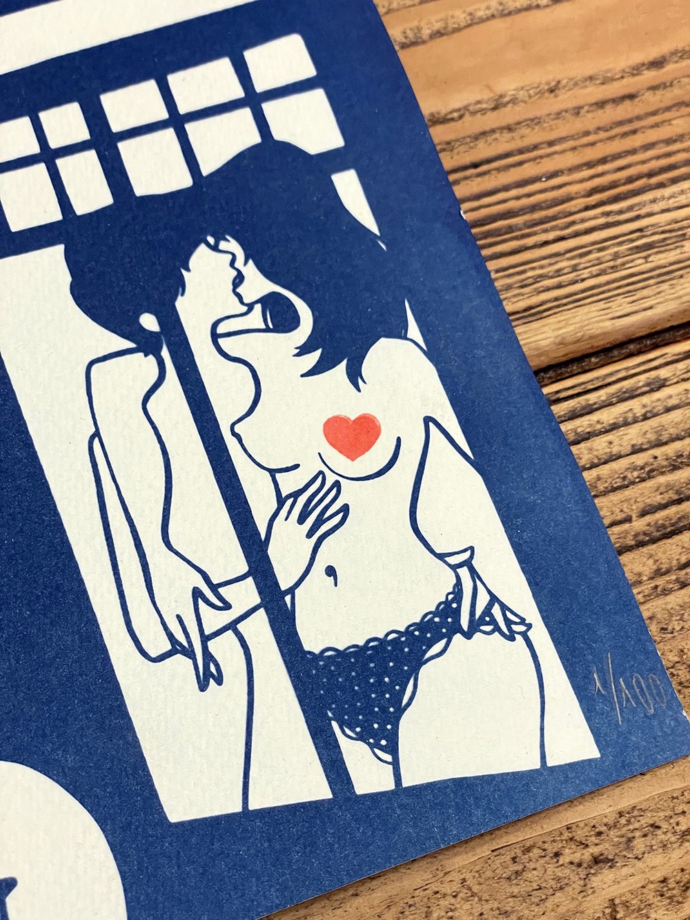 Image of "Fenêtre sur cœur" handmade cyanotype & linocut art print