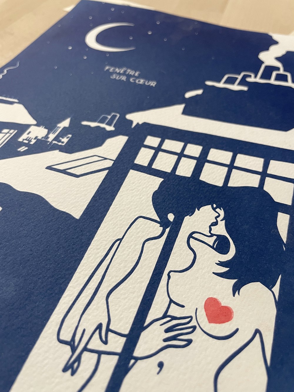 Image of "Fenêtre sur cœur" handmade cyanotype & linocut art print