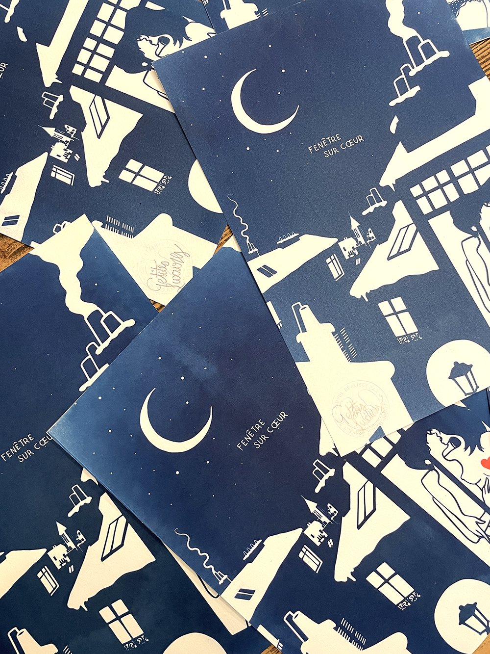 Image of "Fenêtre sur cœur" handmade cyanotype & linocut art print