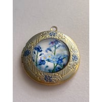 Image 1 of Forget-Me-Not Memorial Locket | Hand Painted Blue Flowers | Gold-tone, Circle, 25mm