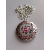 Image 1 of Faux Guilloché Rose Art Locket | Hand Painted Etched Border | Silver Necklace