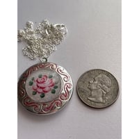 Image 2 of Faux Guilloché Rose Art Locket | Hand Painted Etched Border | Silver Necklace