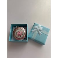 Image 5 of Faux Guilloché Rose Art Locket | Hand Painted Etched Border | Silver Necklace