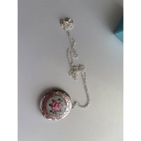 Image 6 of Faux Guilloché Rose Art Locket | Hand Painted Etched Border | Silver Necklace