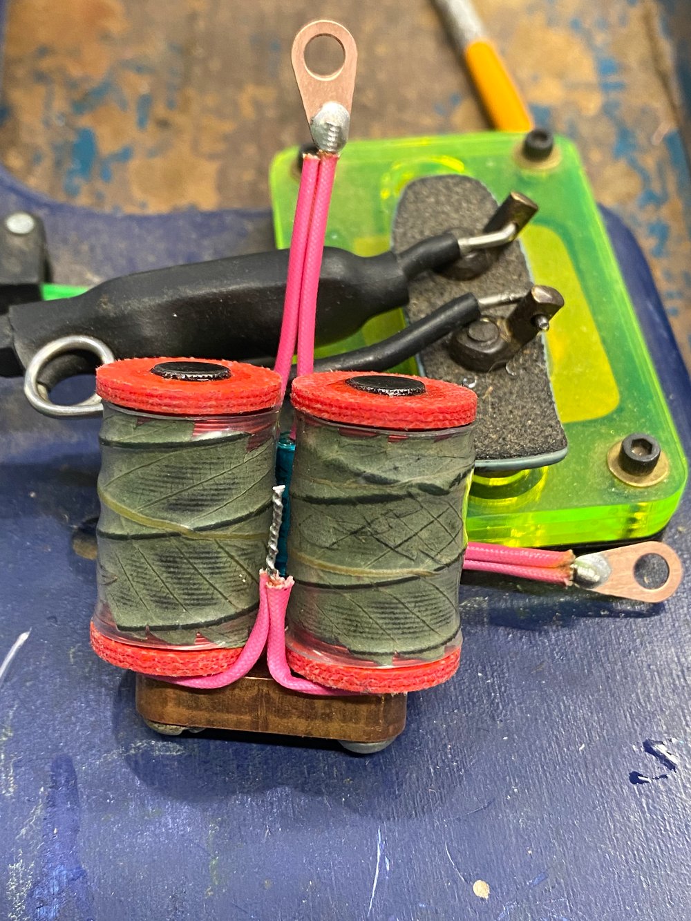 Image of 1-1/4” 9 wraps, 47uf Tesla, pink hemp washers