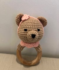 Image 1 of Handcrafted Crochet Brown Bear with headband Rattle Wooden Teether