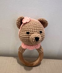 Image 2 of Handcrafted Crochet Brown Bear with headband Rattle Wooden Teether