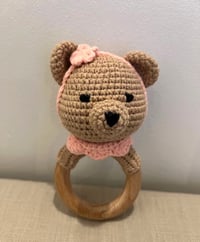 Image 3 of Handcrafted Crochet Brown Bear with headband Rattle Wooden Teether