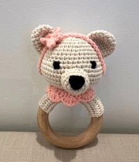 Image 1 of Handcrafted Crochet Creme Bear with headband Rattle Wooden Teether