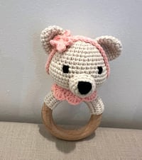 Image 2 of Handcrafted Crochet Creme Bear with headband Rattle Wooden Teether