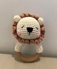 Image 1 of Handcrafted Crochet Lion Rattle Wooden Teether