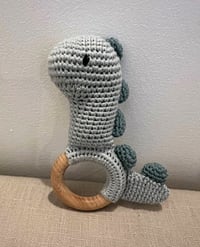 Image 2 of Handcrafted Crochet Dinosaur Rattle Wooden Teether