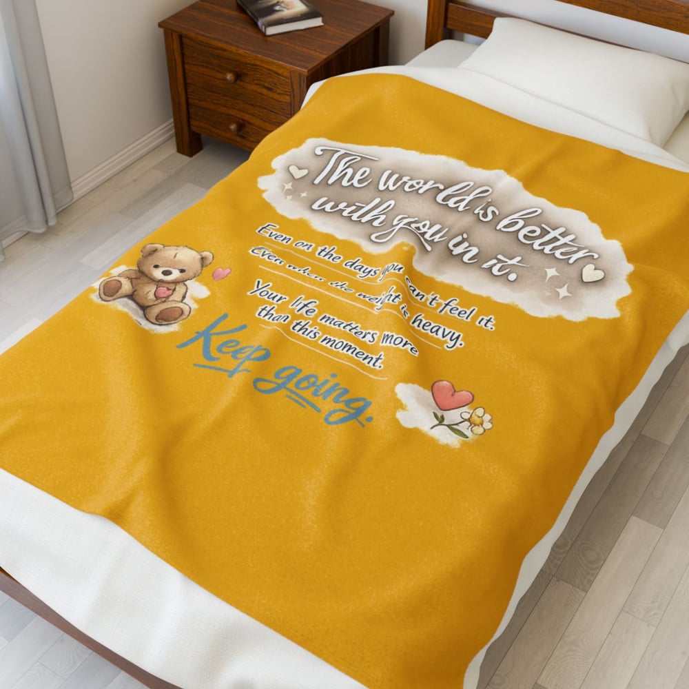 Image of Inspirational Plush Blanket — "The world is better with you in it" Teddy Bear Throw