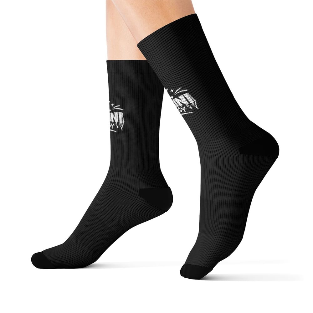 Image of Zodiac Gemini Sublimation Crew Socks — Black Graphic “Gemini” Design