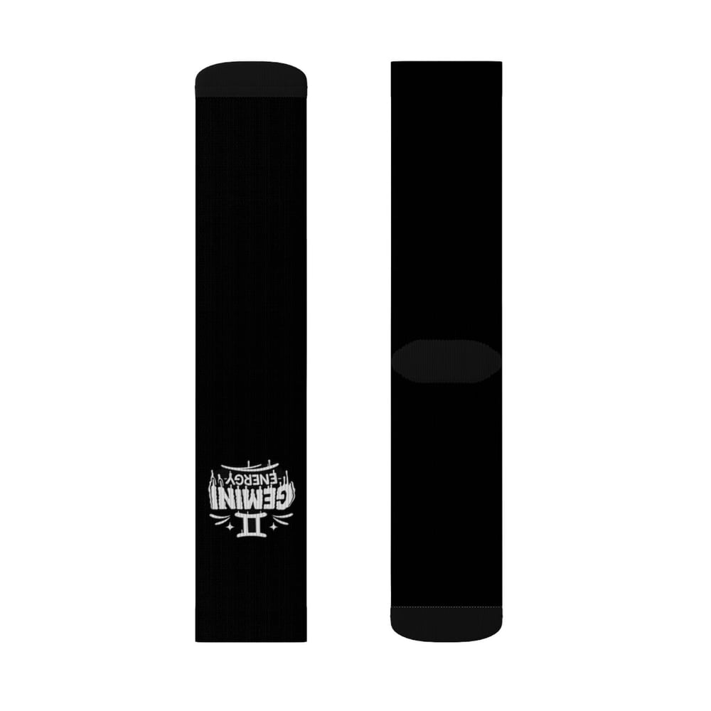 Image of Zodiac Gemini Sublimation Crew Socks — Black Graphic “Gemini” Design