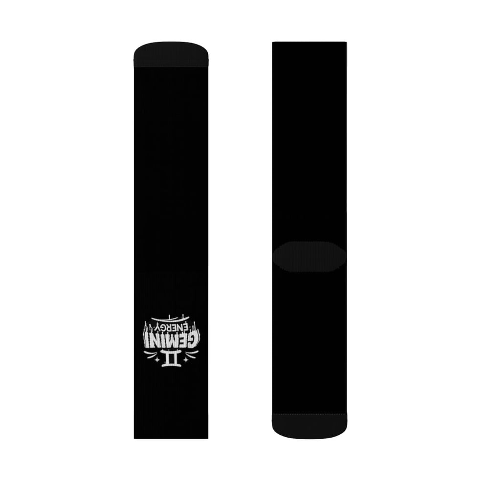 Image of Zodiac Gemini Sublimation Crew Socks — Black Graphic “Gemini” Design