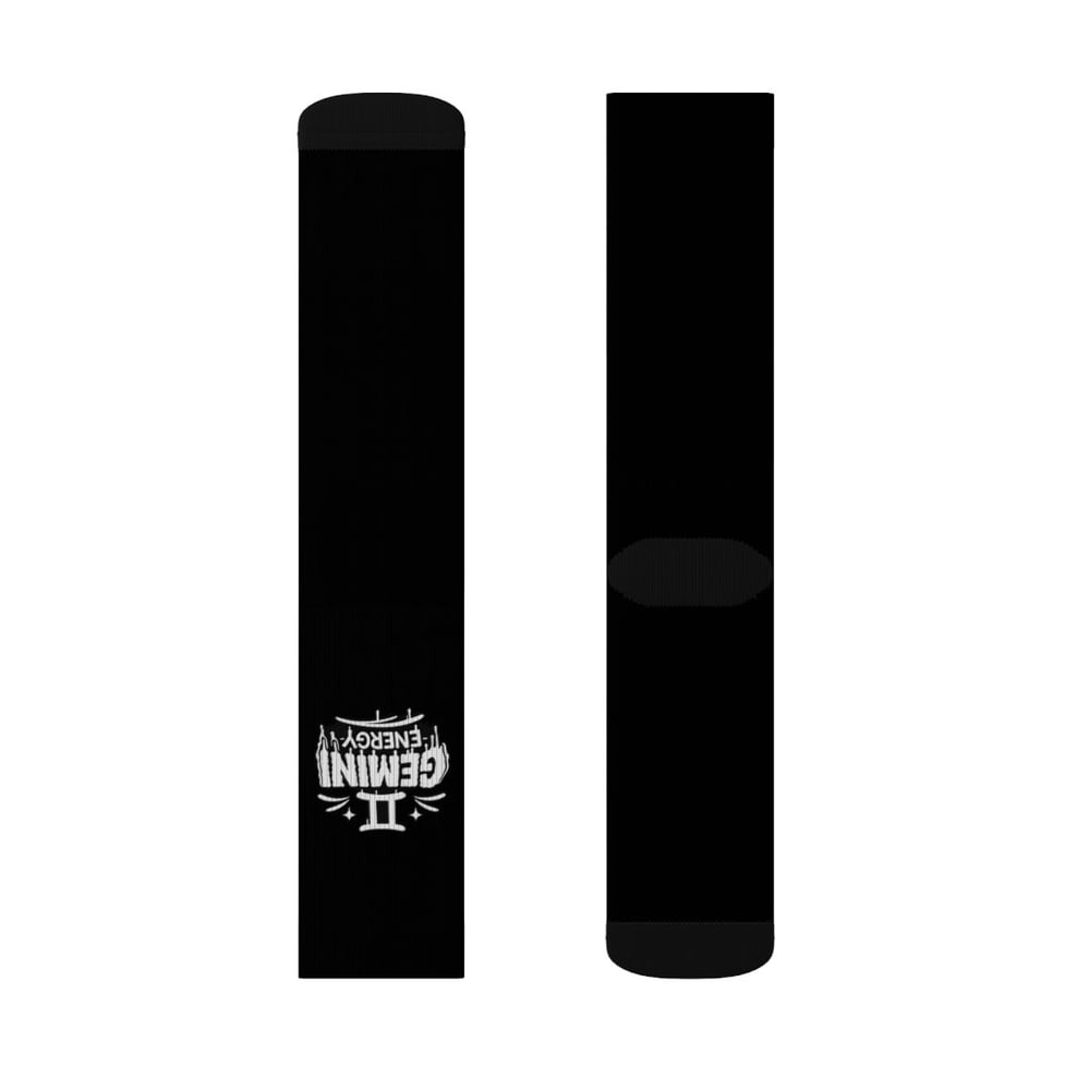 Image of Zodiac Gemini Sublimation Crew Socks — Black Graphic “Gemini” Design