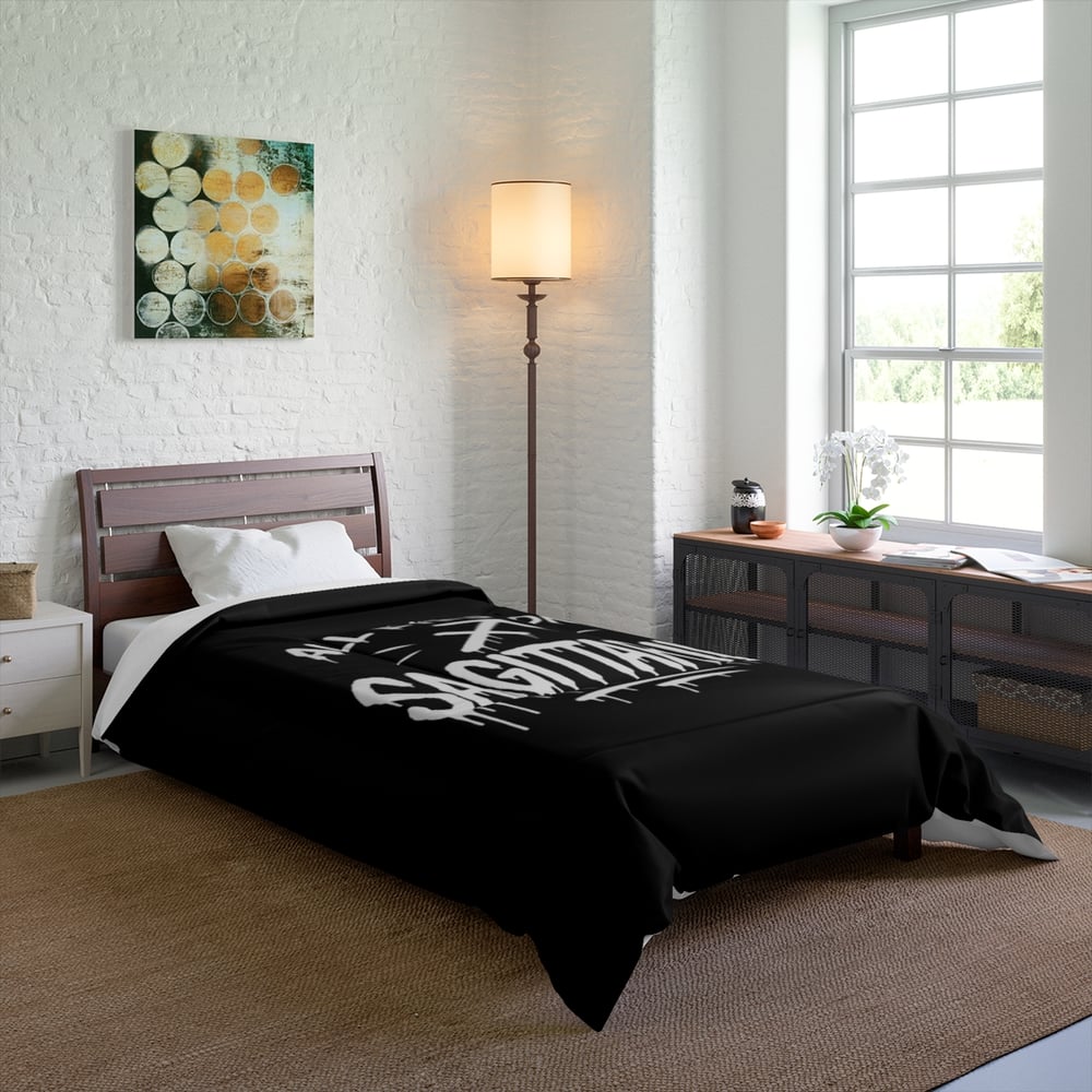 Image of Sagittarius Comforter - "All Eyes on Sagittarius" Zodiac Bedding, Black Archer Astrology Duvet