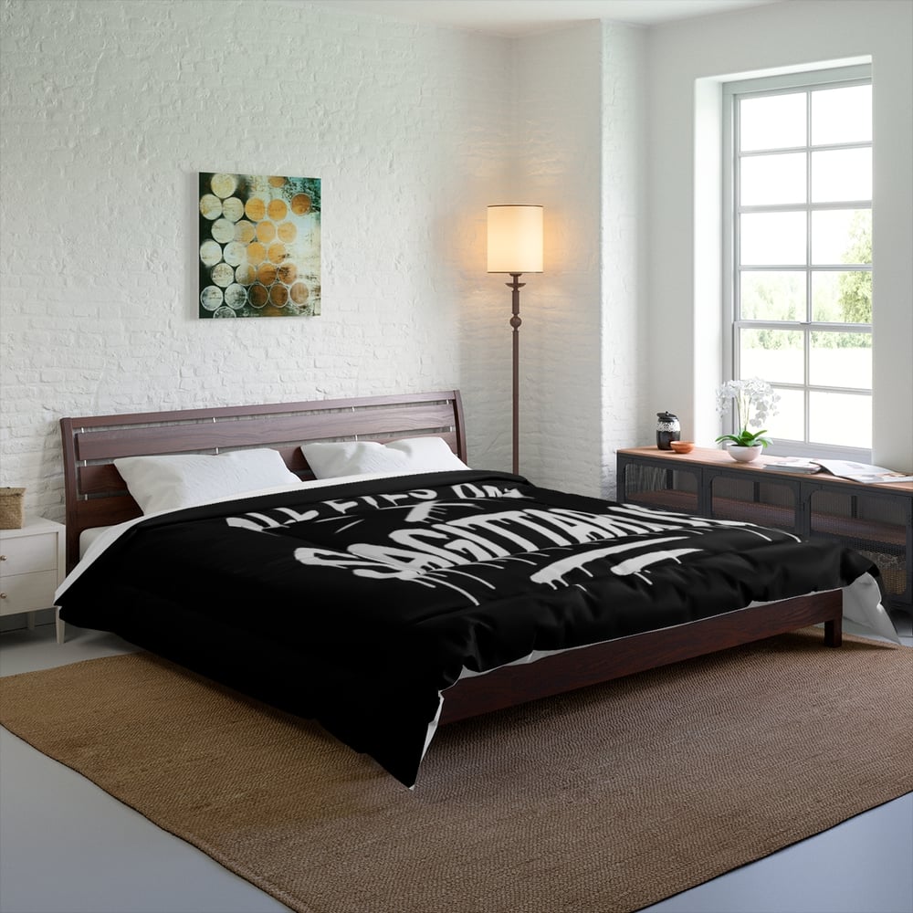 Image of Sagittarius Comforter - "All Eyes on Sagittarius" Zodiac Bedding, Black Archer Astrology Duvet