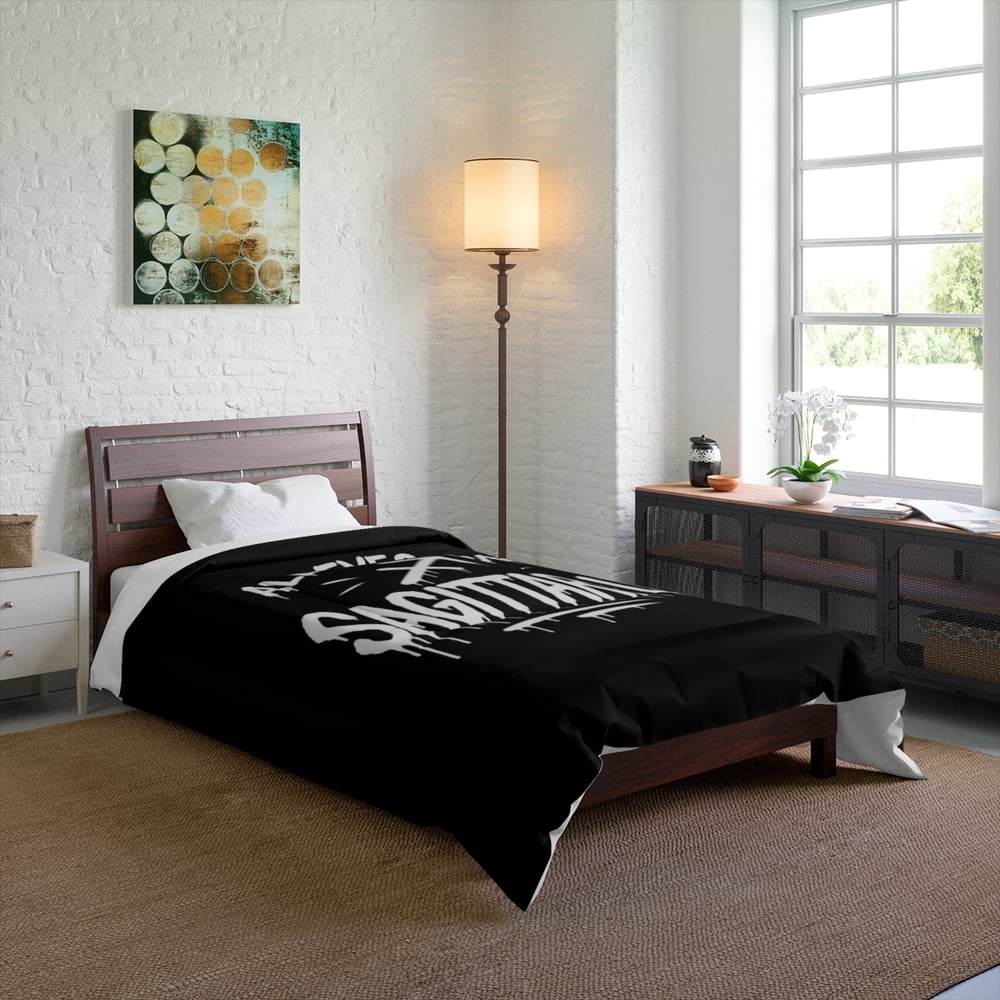 Image of Sagittarius Comforter - "All Eyes on Sagittarius" Zodiac Bedding, Black Archer Astrology Duvet